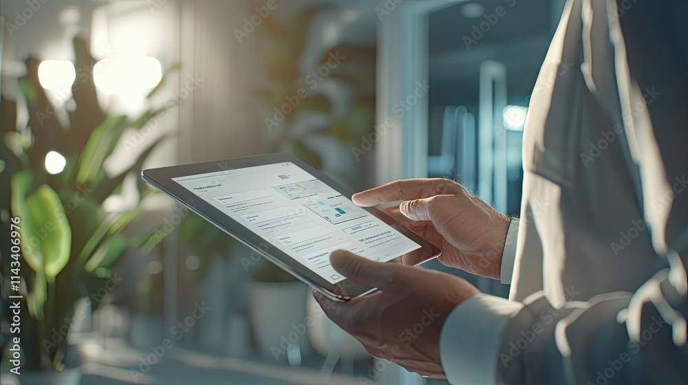 Poster an individual demonstrates various insurance plans on a sleek tablet, with vibrant visuals on the sc