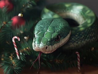 Fototapeta premium A vibrant green snake rests among festive decorations, including candy canes and ornaments, creating a unique holiday-themed scene.