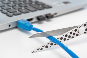 Computer internet cable cutting concept
