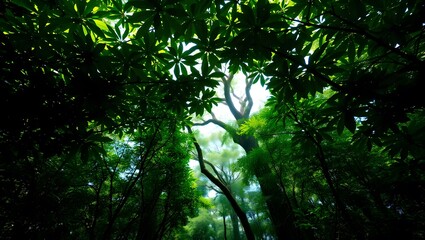 Obraz premium Lush Green Canopy Sunlight Through Leaves Rainforest Trees