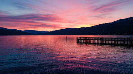 A vibrant sunset casts warm colors over a serene lake, featuring a single wooden pier extending into the water, evoking tranquility and peace, perfect for motivational or travel-related content.