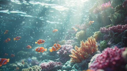 Fototapeta premium A close-up view of a coral reef bursting with bright corals and schools of tropical fish swimming around, illuminated by shimmering sunlight filtering through the ocean w