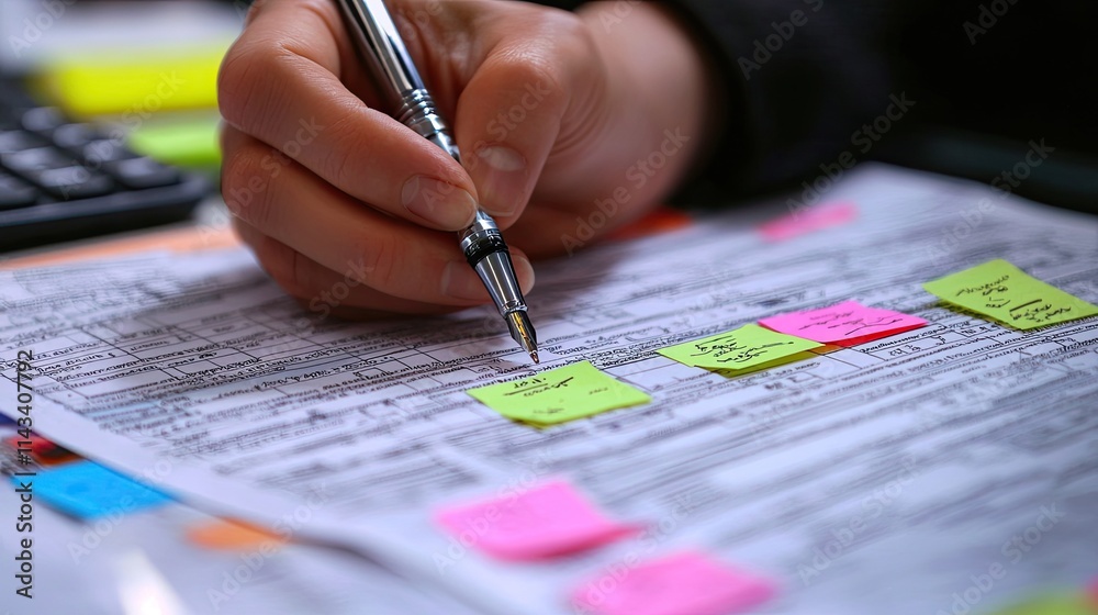 Poster a close-up of hands holding a pen above a detailed tax form, with colorful sticky notes indicating d