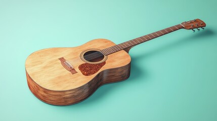 A full-sized professional guitar with rich, detailed 3D wooden textures, placed against a gentle pastel backdrop, featuring shades of mint green and light peach for a contemporary vibe.