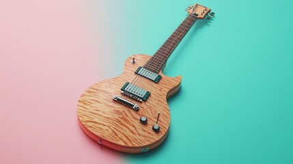 A full-sized professional guitar with rich, detailed 3D wooden textures, placed against a gentle...