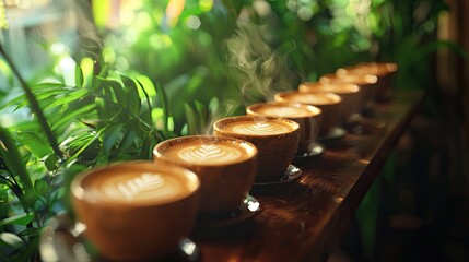 An artistic shot of cappuccino cups lined up in a cafe, each displaying a unique frothy design. The backdrop features lush green plants and vintage decor, creating a rela