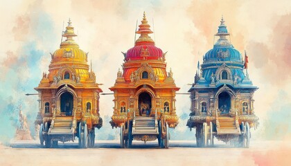 Obraz premium Watercolor Illustration of Vibrant Traditional Chariots in Celebration of Rath Yatra