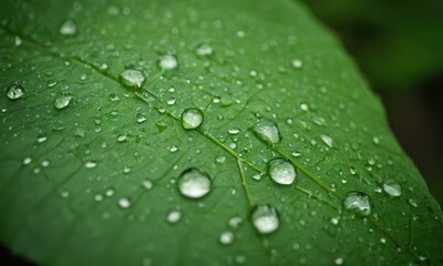 Water droplets on a Lush Green Leaf 