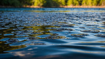 Fototapeta premium tranquil peacful lake body of water in front of lush greenery daytime water has ripples nature screensaver digital background