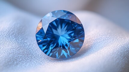 A stunning blue gemstone sparkling brilliantly on a soft surface, showcasing its cut and clarity.