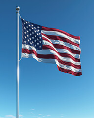 Obraz premium Waving American flag on tall silver flagpole against blue sky