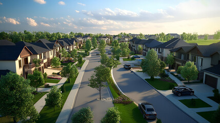 Fototapeta premium A serene suburban neighborhood with houses, trees, and a clear sky.