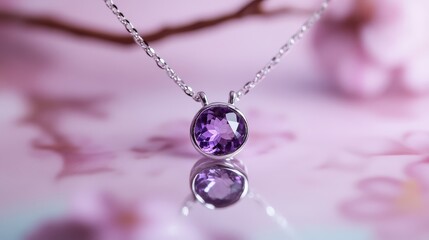 A delicate silver necklace featuring a round amethyst pendant, resting on a softly blurred floral background.