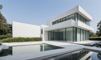 Fototapeta premium Modern Minimalist Villa: A sleek, modern home with a minimalist design, featuring a clean-lined facade, large windows, and a reflecting pool.