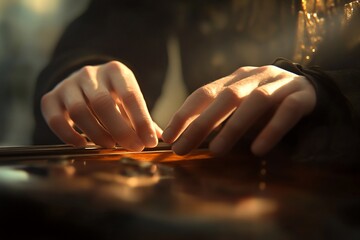 Close-up of hands playing a musical instrument with soft lighting.