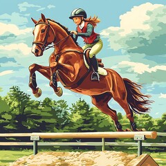 Young female equestrian gracefully leaps over a jump on a chestnut horse during a show jumping competition.