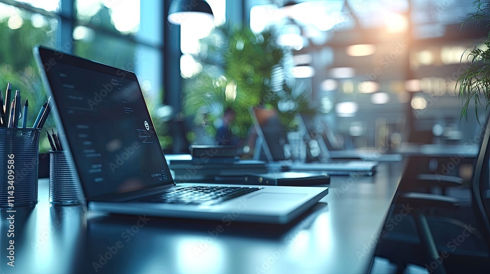 Aufkleber A modern workspace with branding elements displayed prominently, as professionals work on laptops, creating an inspiring and professional environment for collaboration.