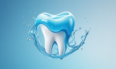 Tooth in Water Splash: A 3D rendering of a sparkling white tooth submerged in a refreshing blue water splash, symbolizing dental hygiene and oral care.  