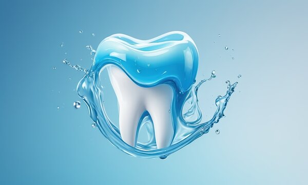 Tooth in Water Splash: A 3D rendering of a sparkling white tooth submerged in a refreshing blue water splash, symbolizing dental hygiene and oral care.  