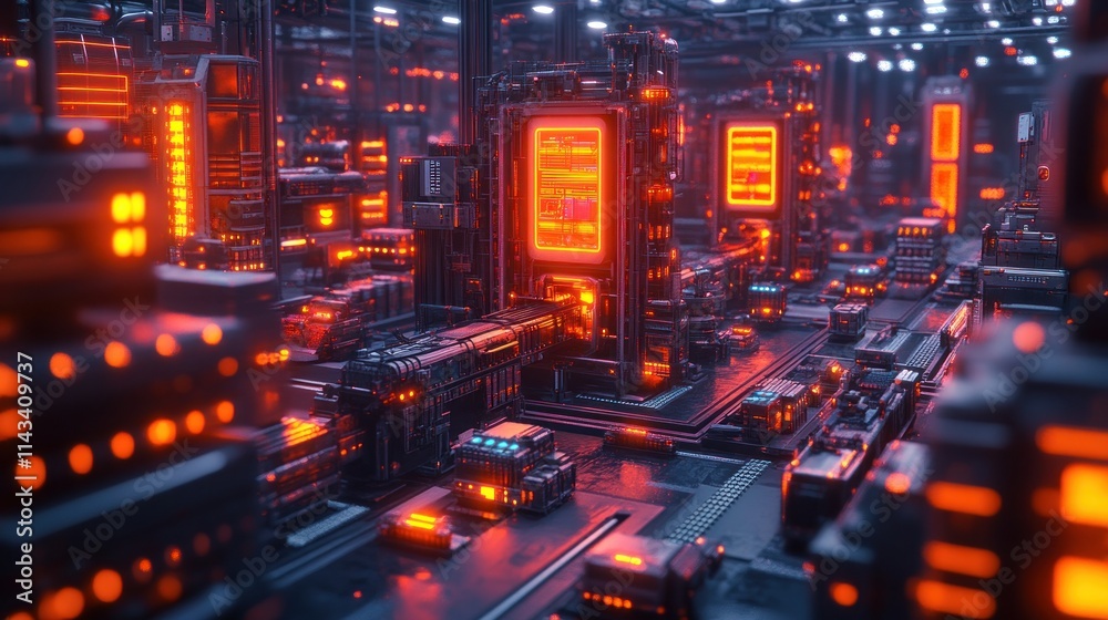 Poster isometric illustration of an advanced smart warehouse system focusing on inventory management and au