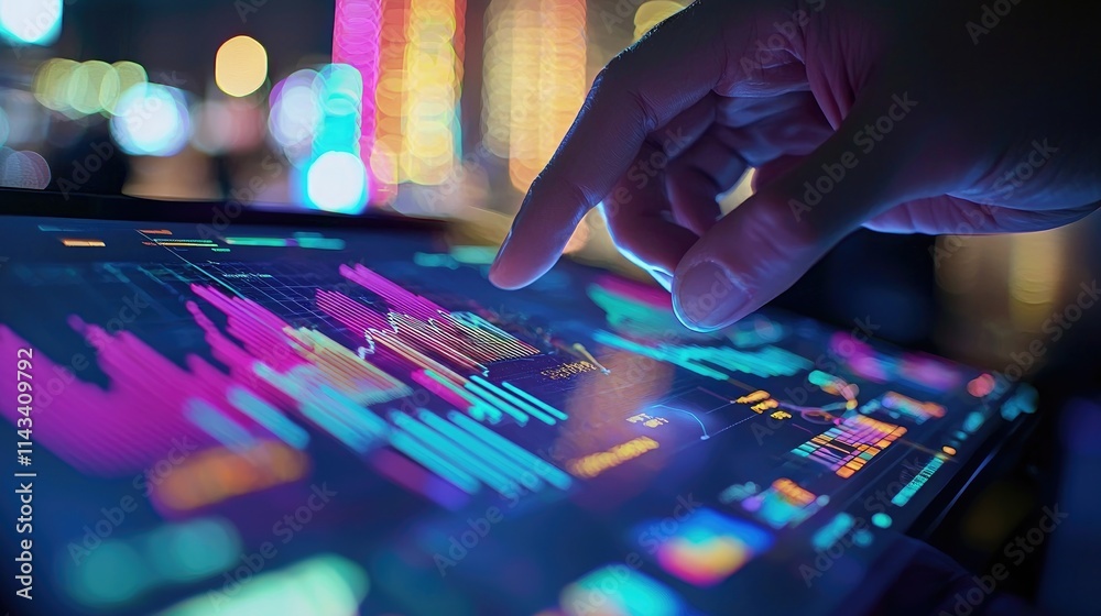 Fototapete a conceptual image showing a financial graph on a digital tablet, with a hand pointing towards key f