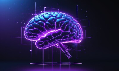 Neural Pathways: A vibrant, 3D-rendered human brain pulsates with purple and blue light, set against a dark background, representing intelligence, innovation, and the power of the mind. 