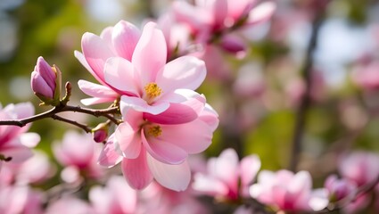 Blooming Pink Magnolia Flowers in Spring