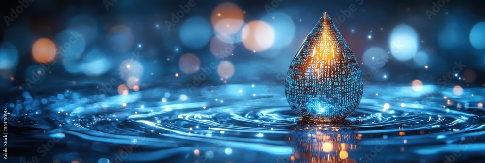 Fototapete Digital Blue Water Drop Icon with Binary Code for Environmental Monitoring and AI in Resource Management