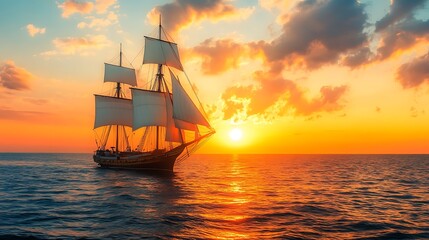 Obraz premium Vintage sailing ship at sunset. Concept of adventure, exploration, and freedom.
