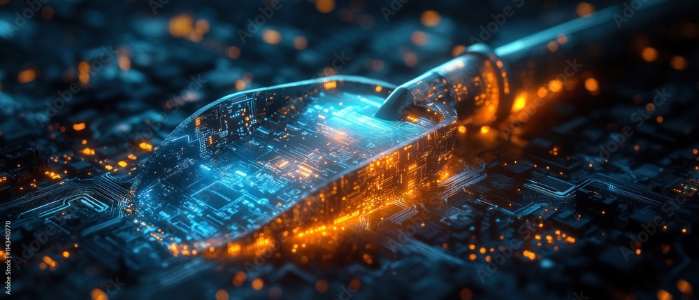 Poster Futuristic Data Mining Scene with Glowing Digital Shovel and Circuit Patterns