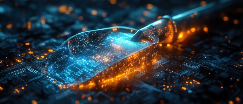 Futuristic Data Mining Scene with Glowing Digital Shovel and Circuit Patterns