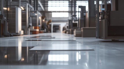 A high-tech floor tile production line, showing machines moving tiles through various stages of production, from cutting to finishing, in a factory setting.