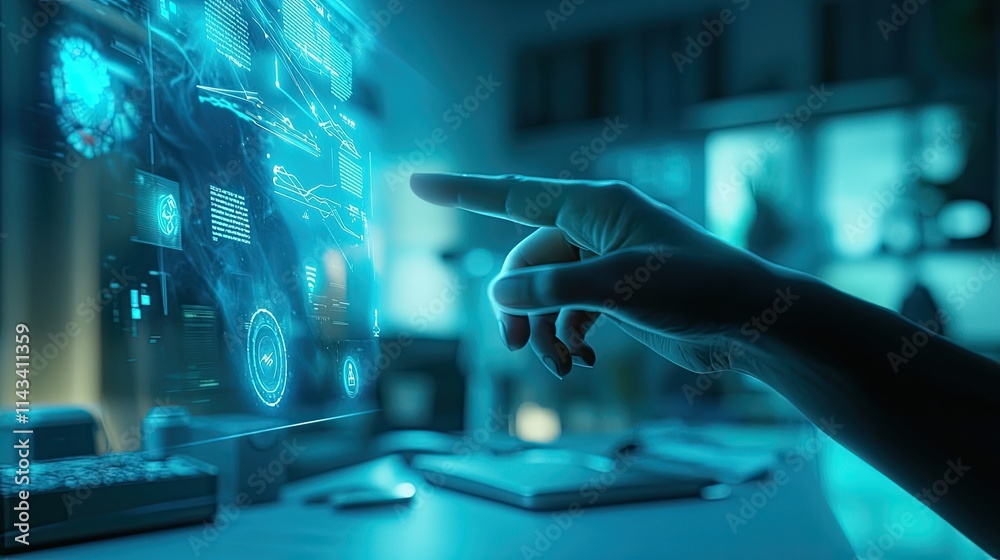 Aufkleber A futuristic office scene showcasing a user interacting with a floating holographic interface displaying data visualizations, bathed in soft blue light.