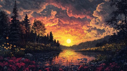 Fototapeta premium Sunset Landscape: Serene Lake and Forest at Dusk