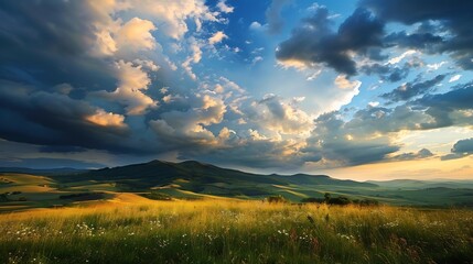 Obraz premium Golden Hour Serenity: Rolling hills bathed in the warm glow of sunset, beneath a dramatic cloudscape.