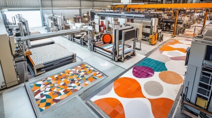 A high-tech floor tile production line with vibrant and colorful tiles being moved through machines that cut, glaze, and finish them, set in a clean and organized factory environment.