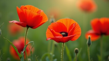 Naklejka premium The image is a close-up of a group of red poppies in a field. The flowers are in full bloom, with their petals open wide and their vibrant orange color standing out against the green foliage.