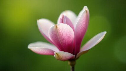 The image is a close-up of a pink and white magnolia flower bud. The flower is in full bloom, with...