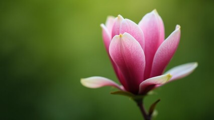 Naklejka premium The image is a close-up of a pink magnolia flower bud. The flower is in full bloom, with its petals spread out in a fan-like shape.