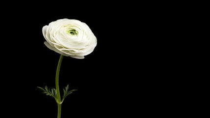 Single white ranunculus flower on black background