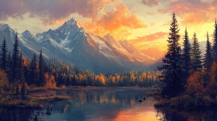 Fototapeta premium Majestic Sunset Landscape: Serene Lake and Mountains