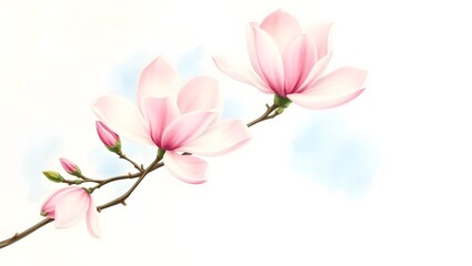 Pink Magnolia Blossoms Branch Spring Flowers Watercolor Botanical Illustration
