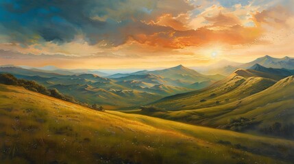 Golden Hour Majesty: A breathtaking vista of rolling hills bathed in the warm glow of sunset. The majestic mountains in the distance create a stunning backdrop, while the vibrant colors of the sky