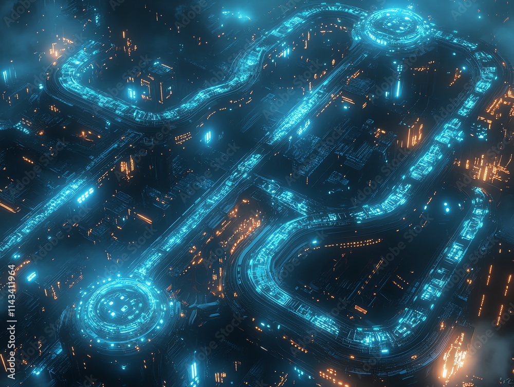 Poster a futuristic, illuminated cityscape featuring intricate roadways and glowing structures.