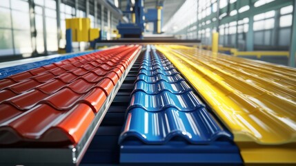 Obraz premium A high-tech roof tile production line featuring an array of colorful tiles, with bright red, blue, and yellow roof tiles being processed by automated equipment in a clean factory environment.