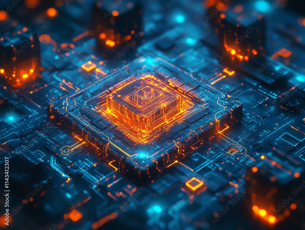Poster a vibrant, abstract representation of a digital circuit with glowing elements.
