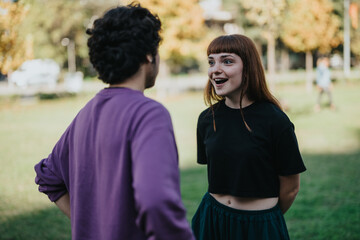 A young couple enjoys an engaging conversation outdoors in a lush park. The natural surroundings...