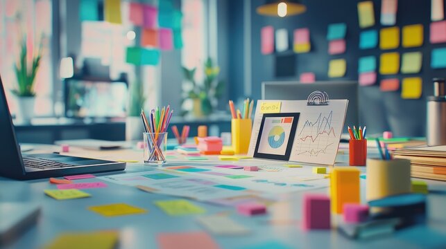 A detailed scatter plot surrounded by sticky notes and digital devices, conveying a statistical analysis in a creative co-working space, blending functionality and style.