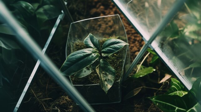 Vibrant young plant growing in a transparent container filled with soil, surrounded by lush greenery, showcasing sustainable indoor gardening in a controlled environment. AI generated.