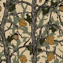 Mossy Oak Tree Branches and Acorns Hunting Forest Camouflage Pattern, Seamless Camo Texture
